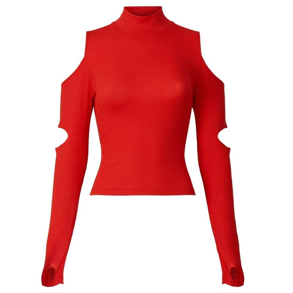 LNA Red Mock Neck Cold Shoulder Size L Long Sleeve Top Thumb Hole Detail